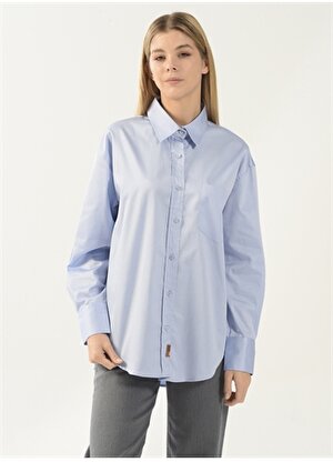 Denim Trip Gömlek Yaka Düz Mavi Kadın Gömlek DT10060-1 MAVİ