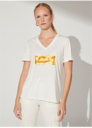 Fabrika Comfort V Yaka Payetli Beyaz Kadın T-Shirt CM-JIVE