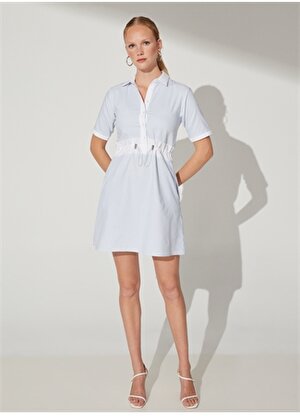 Fabrika Gömlek Yaka Çizgili Mavi - Beyaz Mini Kadın Elbise NIDAS
