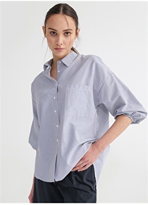 Fabrika Comfort Gömlek Yaka Çizgili Mavi - Beyaz Kadın Gömlek CM-LUNA