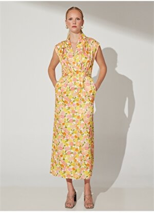 Fabrika Comfort V Yaka Desenli Çok Renkli Midi Kadın Elbise CM-LISIAN