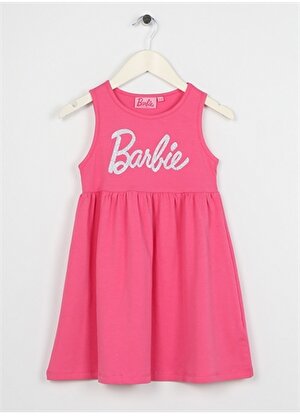 Barbie Fuşya Kız Çocuk Bisiklet Yaka Kolsuz Diz Üstü Baskılı Elbise 23SSB-85 