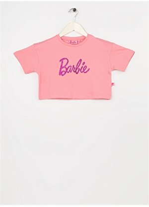 Barbie Pembe Kız Çocuk Bisiklet Yaka Düşük Omuz Crop Baskılı T-Shirt 23SSB-16 