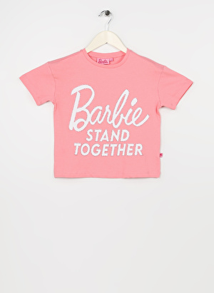 Barbie Açık Pembe Kız Çocuk Bisiklet Yaka Düşük Omuz Oversize Baskılı T-Shirt 23SSB-54 