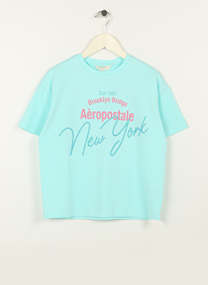 Aeropostale Turkuaz Kız Çocuk Bisiklet Yaka Düşük Omuz Oversize Baskılı T-Shirt 23SAG-33 