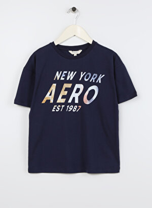 Aeropostale Lacivert Erkek Çocuk Bisiklet Yaka Oversize Baskılı T-Shirt 23SAB-41  