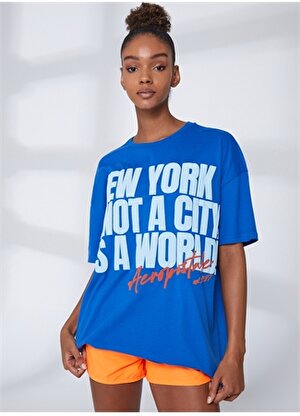 Aeropostale Bisiklet Yaka Baskılı Mavi Kadın T-Shirt K-MEL