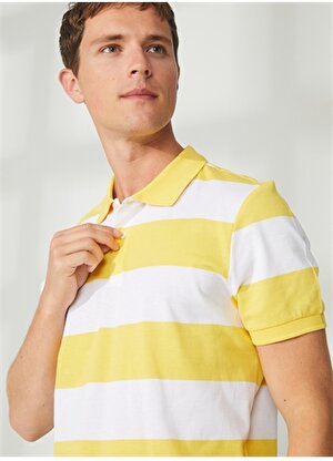 Aeropostale Çizgili Sarı - Beyaz Erkek Polo T-Shirt E-VALE