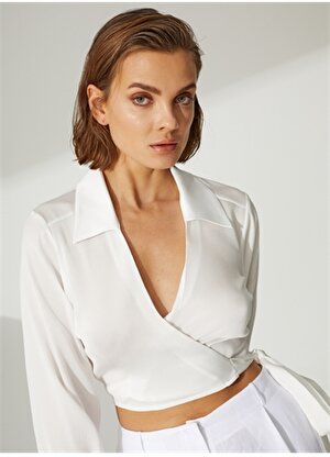 Didem Soydan X Fabrika Gömlek Yaka Düz Beyaz Kadın Bluz D113