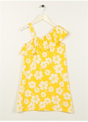 Limon Sarı Kız Çocuk Kayık Yaka Askılı Diz Üstü Desenli Elbise CORAL GIRL-23 