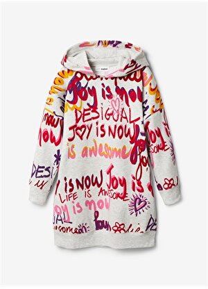 Desigual Çok Renkli Kız Çocuk Kapüşonlu Uzun Kollu Diz Üstü Desenli Elbise 22WGVK15 