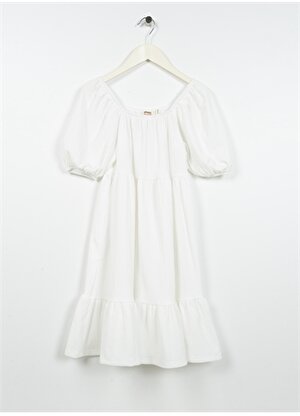 Koton Kayık Yaka Kız Çocuk Diz Altı Desenli Beyaz Elbise 3SKG80090AK 