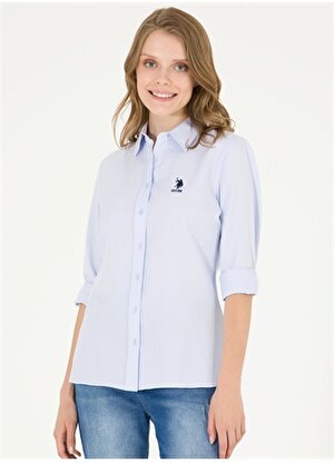 U.S. Polo Assn. Slim Fit Gömlek Yaka Düz Mavi Kadın Gömlek WOX23Y