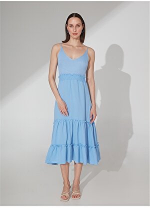 People By Fabrika V Yaka Düz Mavi Midi Kadın Elbise 22003-1