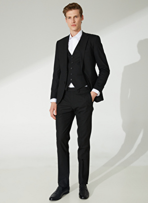 Beymen Business Normal Bel Slim Fit Siyah Erkek Yelekli Takım 4B3110000001