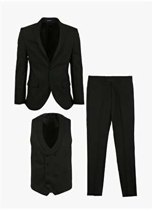 Süvari Siyah Erkek Mono Yaka Slim Fit Armürlü Takım Elbise