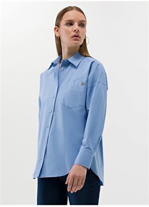 Pierre Cardin Oversized Gömlek Yaka Düz İndigo Kadın Gömlek NENAB