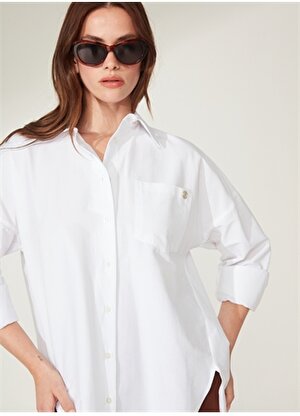 Pierre Cardin Oversized Gömlek Yaka Düz Beyaz Kadın Gömlek NENAB