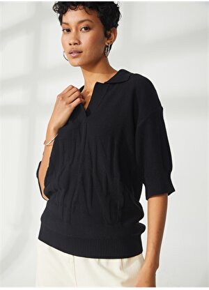 Armani Exchange Polo Yaka Düz Siyah Kadın T-Shirt 3RYM1E
