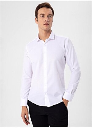 Süvari Slim Fit Klasik Yaka Armürlü Beyaz Erkek Gömlek GM2024700373