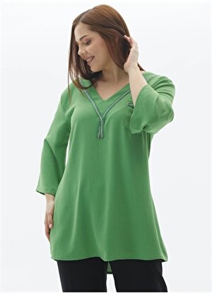 Selen V Yaka Taşlı Yeşil Kadın Bluz 23YSL8564