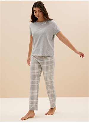 Marks & Spencer Gri - Pembe - Beyaz Kadın Ekose Desenli Kısa Kollu Pijama Takımı 4513F