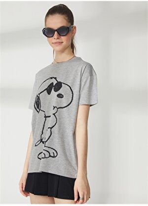 Never Say Never Snoopy Baskılı Gri Melanj Kadın Oversized T-Shirt BYL3005