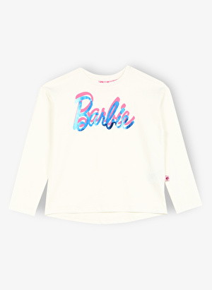 Barbie Ekru Kız Çocuk Bisiklet Yaka Düşük Omuzlu Oversize Baskılı T-Shirt BRB3WG-TST4 