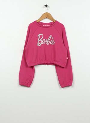 Barbie Pembe Kız Çocuk Bisiklet Yaka Düşük Omuz Cropped Fit Baskılı Sweatshirt BRB3WG-SWT27 