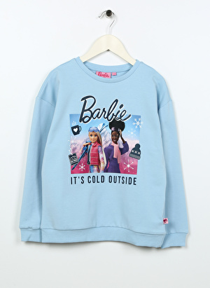 Barbie Mavi Kız Çocuk Bisiklet Yaka Düşük Omuz Oversize Baskılı Sweatshirt BRB3WG-SWT10 