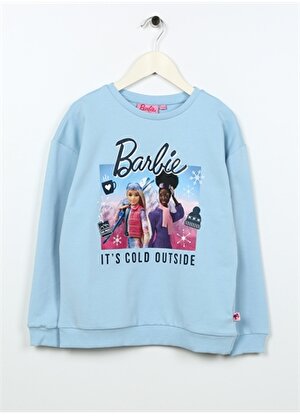 Barbie Mavi Kız Çocuk Bisiklet Yaka Düşük Omuz Oversize Baskılı Sweatshirt BRB3WG-SWT10 