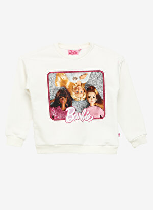 Barbie Ekru Kız Çocuk Bisiklet Yaka Düşük Omuz Oversize Baskılı Sweatshirt BRB3WG-SWT7 