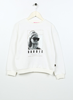 Barbie Ekru Kız Çocuk Bisiklet Yaka Düşük Omuz Oversize Baskılı Sweatshirt BRB3WG-SWT8 