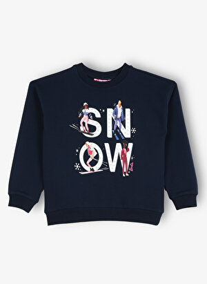 Barbie Lacivert Kız Çocuk Bisiklet Yaka Düşük Omuz Oversize Baskılı Sweatshirt BRB3WG-SWT5 