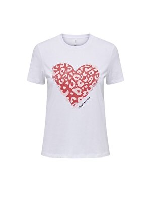 Only O Yaka Baskılı Açık Beyaz Kadın T-Shirt ONLBENJI REG S/S HEART TOP BOX JRS