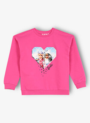 Barbie Pembe Kız Çocuk Bisiklet Yaka Düşük Omuz Oversize Baskılı Sweatshirt BRB3WG-SWT20 