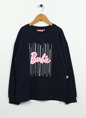 Barbie Lacivert Kız Çocuk Bisiklet Yaka Düşük Omuz Oversize Baskılı Sweatshirt BRB3WG-SWT11 