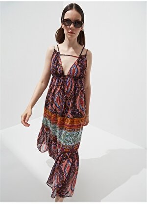 NGSTYLE V Yaka Desenli Çok Renkli Maksi Kadın Elbise 6065