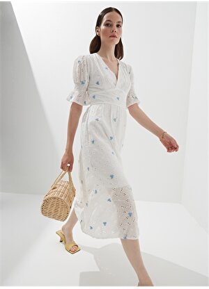 NGSTYLE Beyaz Kadın Balon Kol Midi Çiçek Elbise 6683 