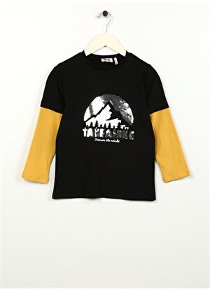 Koton Siyah Erkek Çocuk Bisiklet Yaka Uzun Kollu Baskılı T-Shirt 4WKB10079TK   