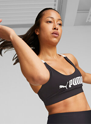 Puma Siyah Kadın U Yaka Baskılı Sporcu Sütyeni 52219201-Mid Impact Puma Fit Bra  