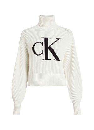Calvin Klein Jeans Dik Yaka Normal Baskılı Beyaz Kazak Kadın J20J221960YBI