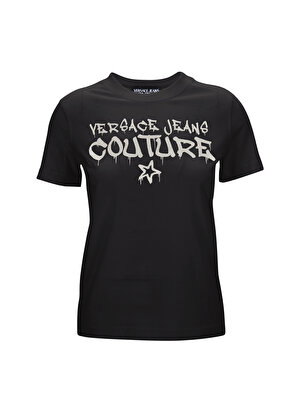 Versace Jeans Couture Bisiklet Yaka Baskılı Siyah Kadın T-Shirt 75HAHT16