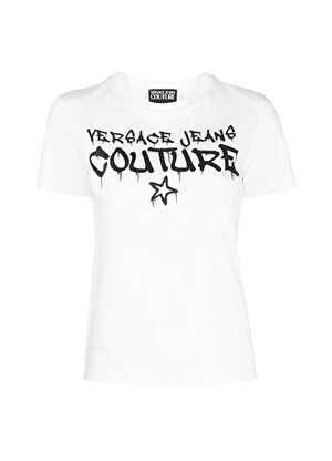 Versace Jeans Couture Bisiklet Yaka Baskılı Beyaz Kadın T-Shirt 75HAHT16