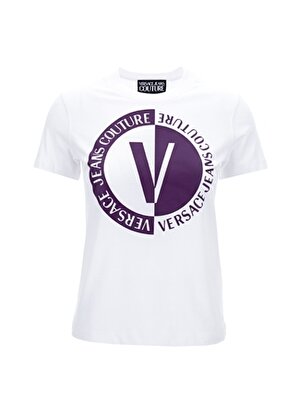 Versace Jeans Couture Bisiklet Yaka Baskılı Beyaz Kadın T-Shirt 75HAHG06