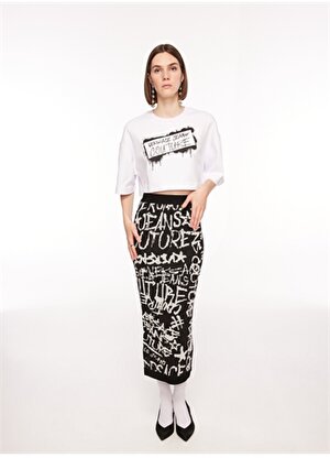 Versace Jeans Couture Yüksek Bel Siyah - Beyaz Kadın Desenli Midi Etek 75HAEM26
