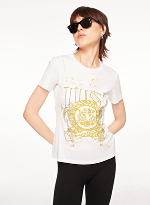 Just Cavalli Bisiklet Yaka Baskılı Beyaz Kadın T-Shirt 75PAHF03