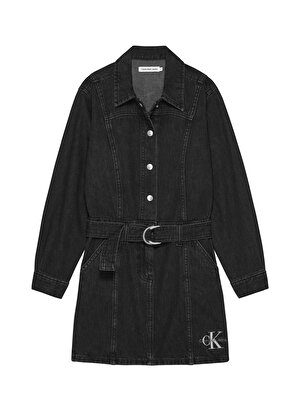 Calvin Klein Siyah Kız Çocuk Uzun Kollu Diz Üstü Düz Denim Elbise IG0IG021671BY  
