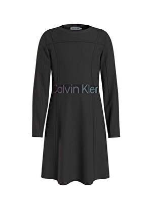 Calvin Klein Siyah Kız Çocuk Bisiklet Yaka Uzun Kollu Diz Üstü Düz Elbise IG0IG02230BEH 