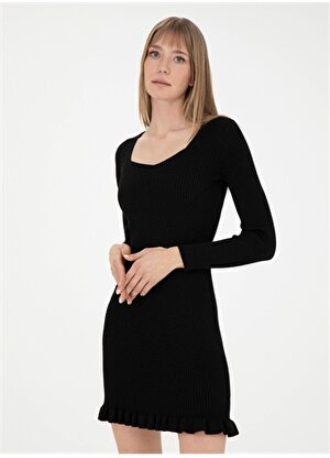 Pierre Cardin Kalp Yaka Düz Örgü Desenli Siyah Mini Kadın Elbise CELSO-E